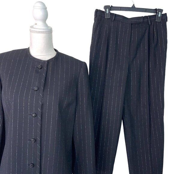 David Hayes Womens Wool Suit Black Size 8 Vintage Crepe Metallic Silver Thread - Picture 5 of 12